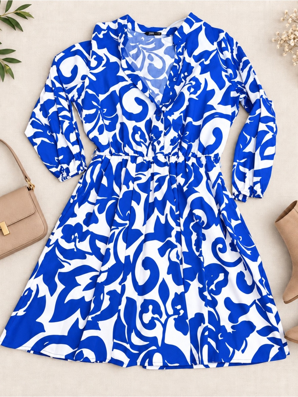 ZARA Size S Blue White Floral Print Button Front Midi Shirt Dress